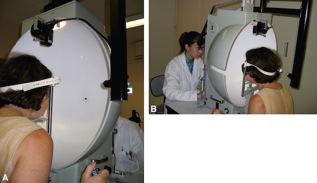 Deux vues cliniques montrant une patiente en cours de périmétrie cinétique pour l’analyse du champ visuel. Appareil courbe, posture stable, suivi précis.
