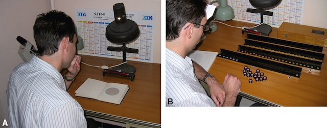 Scènes d’un test visuel en cabinet : lecture de planches d’Ishihara et tri de pastilles colorées pour évaluer la perception des couleurs.