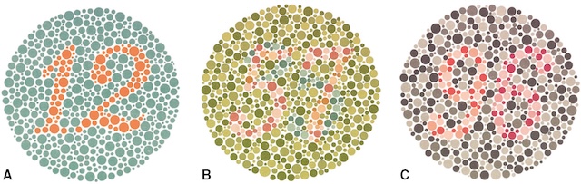 Le chiffre 12 est bien visible en vision normale, mais disparaît dans la version vue par une personne ayant un trouble de perception des couleurs.